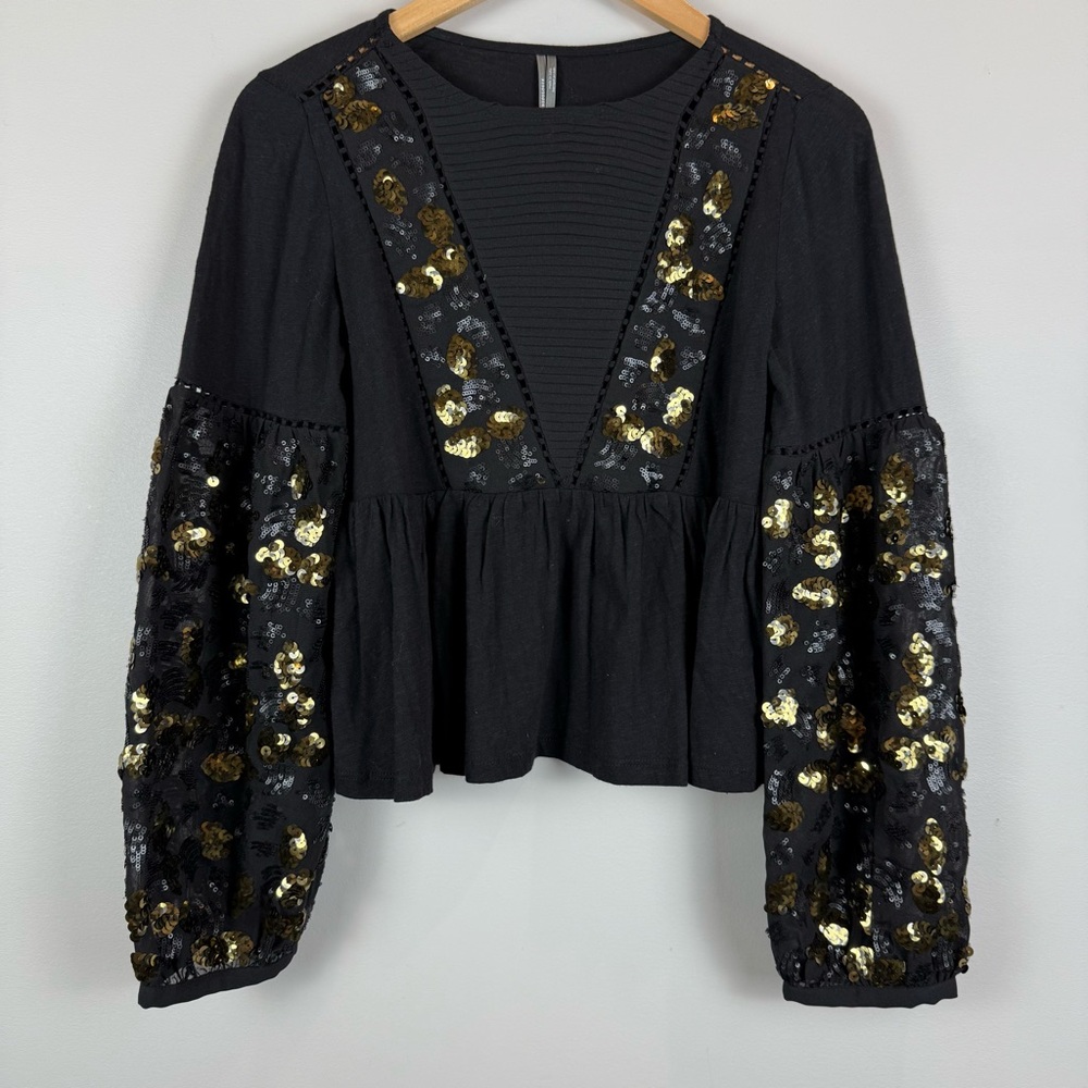 By Anthropologie Top Womens XS Black Gold Neale Sequin Peplum Hem Cropped Blouse